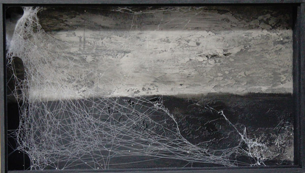 Bogildo Island / Bois peint, tempera sur bois, toile d'araignée. - <br />
Painted wood, tempera on wood, spider web. 33 x 57 x 8,5 cm. 2013