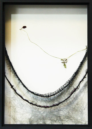 Parure I – Costume I / Bois peint, fils métal, toile d'araignée et fleur vernie - <br />
Painted wood, metal wire, spider web and varnished flower. 33,5 x 24 x 5,5 cm. 2013