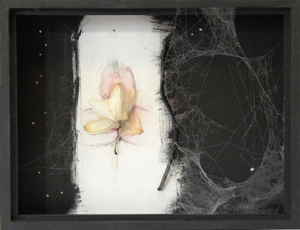 Rêve d'orchidée II – Dream of Orchid II / Tempera sur bois, fleur et branche vernies, <br />
toile d'araignée - Tempera on wood, varnished flower and branch, spider web. 20 x 26 x 6 cm. 2014